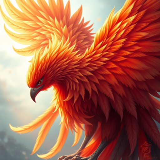Create a vibrant fantasy illustration of a majestic phoenix with intricate feather details and a glowing aura, captured in a high-resolution digital painting style with soft, blended colors, using a DSLR camera at f/2.8, ISO 100, 50mm lens, shot from a low angle to emphasize its grandeur.