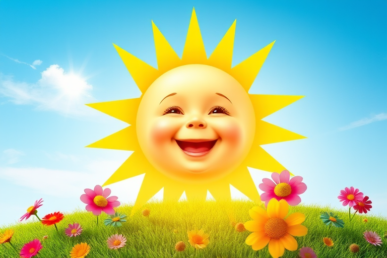 Create an image shows a bright, sun with a smiling baby's face in the center, radiating soft yellow rays. The sun is set against a clear blue sky with a few wispy clouds. Below, there's a lush green grassy hill with colorful, oversized flowers, giving the scene a whimsical, playful atmosphere.