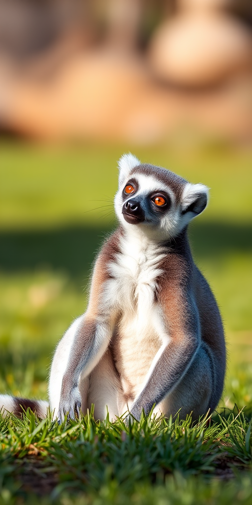 A playful lemur sitting on grass with a blurred background, captured in natural light, using a DSLR camera with a 50mm lens, aperture f/2.8, ISO 100, with a shallow depth of field to enhance detail and focus on the subject.