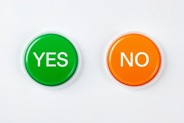 Create a high-resolution image of two circular buttons with the words "YES" in white text on a green button and "NO" in white text on an orange button, with a soft-focus background, taken with a DSLR camera at f/2.8 aperture, 50mm lens, ISO 100, and natural lighting.