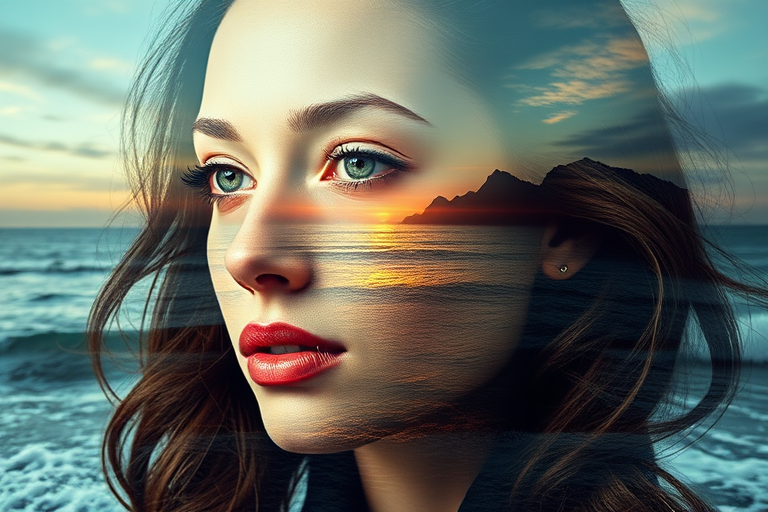 this photo is Book cover, A surreal double exposure portrait that blends a woman's face with a beautiful seascape. The overall mood is dreamy and mystical, with rich colors and intricate details