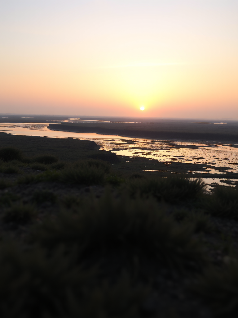 Capture a high-resolution image of a serene landscape at sunrise with soft lighting, using a DSLR camera with a 24mm f/2.8 lens, aperture set to f/8, ISO 100, and a shutter speed of 1/200s, taken from a slightly elevated viewpoint to capture the horizon and reflections on water.