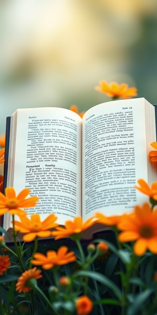 Create an illustration of an open book with blank pages, surrounded by orange flowers, using a DSLR camera with a 50mm lens at f/1.8, ISO 100, and a shallow depth of field, captured in a soft, natural light setting.