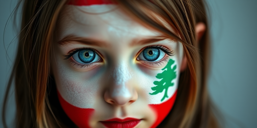 A portrait of a girl with her face painted in the colors of the Lebanese flag, focusing on her expressive blue eyes, soft natural lighting, captured with a 50mm f/1.8 lens at ISO 100, aperture f/2.8, shutter speed 1/125 sec, in a studio setting.