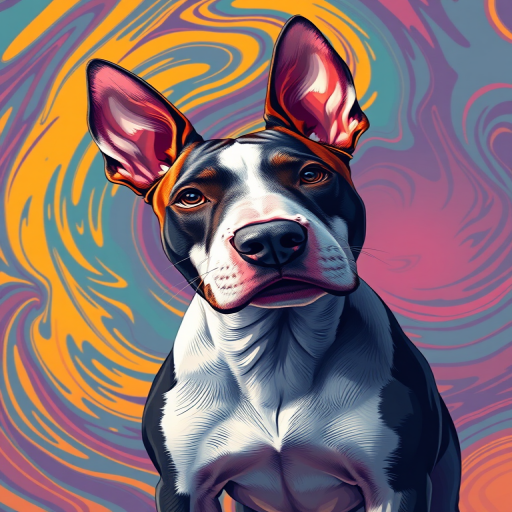 Create a vibrant digital illustration of a bull terrier with bold colors and dynamic swirling patterns in the background, using a Canon EOS R5 with a 85mm lens, f/1.8 aperture, ISO 100, and at 1/200s shutter speed for clarity and detail.