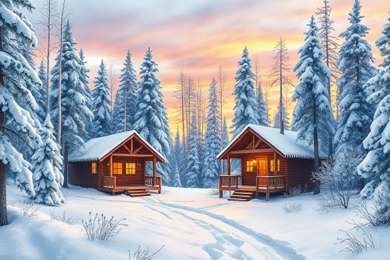 Create a detailed watercolor illustration of a cozy cabin in a snowy forest during sunset, using a Canon EOS R5 with a 24-70mm lens at f/8, ISO 100, and a shutter speed of 1/200 sec, in a panoramic view for enhanced depth and color vibrancy.