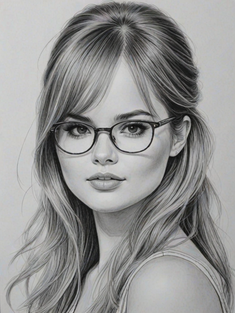 Enticing Debby Ryan, pencil sketch, portrait of Exquisite woman 1967s in glasses, hair style beatnik, outline, clear lines, fine lines, 8k
