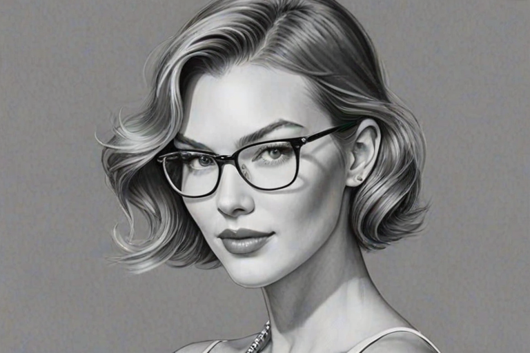 Beauteous Karlie Kloss, pencil sketch, portrait of Gorgeous woman 1950s in glasses, hair style beatnik, outline, clear lines, fine lines, 8k