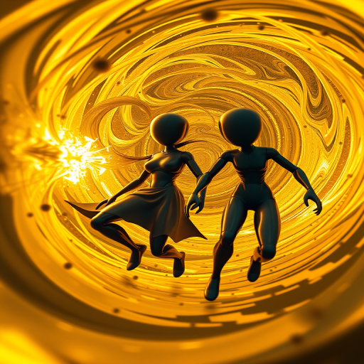 Create a 3D digital art scene with two stylized humanoid figures in a swirling golden vortex, with a focus on dynamic motion and fluid shapes, captured using a 50mm lens at f/2.8, ISO 100, with a wide angle view and high contrast lighting to enhance textures and depth.
