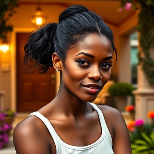 A photo of Lupita Nyong'o with a background of a cozy porch. She has dark hair pulled back in an updo, with tendrils framing her face. She wears a white tank top and sits on the porch. The porch is part of a well-lit home with a warm, earthy tone and colorful flowers and foliage. The overall scene has a warm, welcoming, and comfortable ambiance.