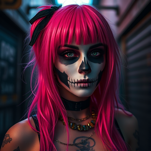 create a high-resolution portrait of a female character with pink hair and skull makeup in a dark alley setting, using a DSLR camera with a 50mm lens, aperture f/1.8, ISO 200, shallow depth of field, cinematic lighting, in a vibrant and gritty style