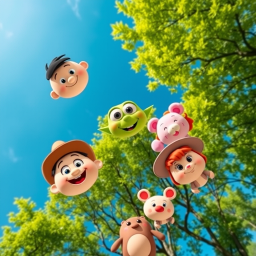 Create an image featuring a vibrant blue sky with lush green trees in the background. Include a group of playful cartoon characters looking down from the top of the image. The characters should have distinct features: one with a round face and a playful expression, another resembling a green alien with big eyes, a character with a cowboy hat and a friendly smile, a pink plush bear, a character with red hair and a wide-brimmed hat, and a small creature with a round body and a cheerful face. The overall mood should be fun and whimsical.