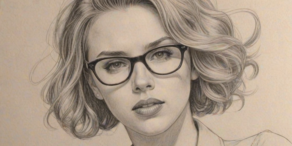 Captivating Scarlett Johansson, pencil sketch, portrait of Pleasing woman 1944s in glasses, hair style beatnik, outline, clear lines, fine lines, 8k