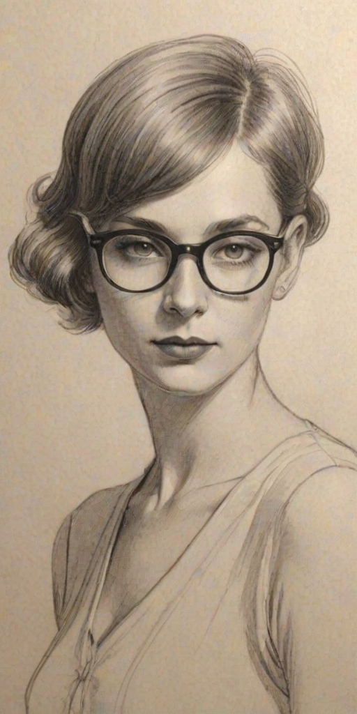 Stunning Dominique Fishback, pencil sketch, portrait of Pleasing woman 1925s in glasses, hair style beatnik, outline, clear lines, fine lines, 8k