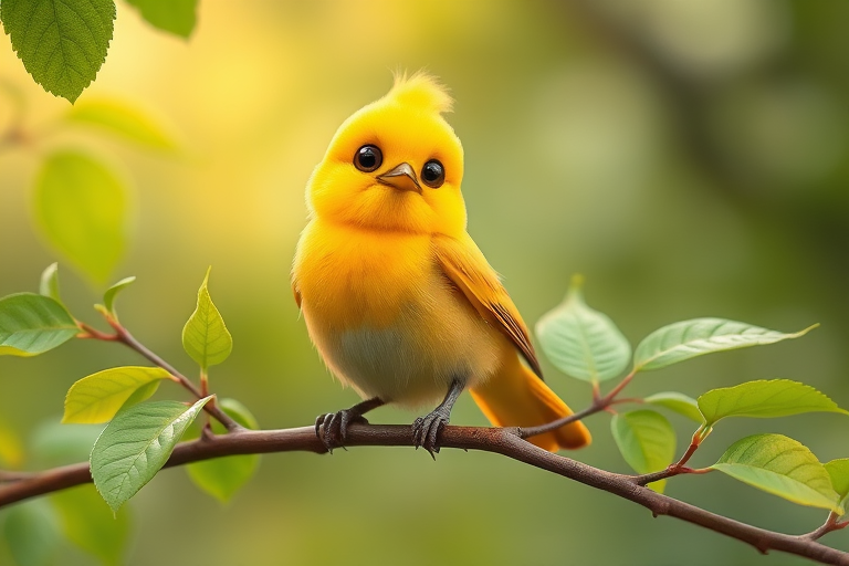A cute cartoon yellow bird perched on a branch with green leaves, high-resolution, 50mm lens, f/2.8 aperture, 1/200s shutter speed, vibrant colors, soft focus background, digital art style.