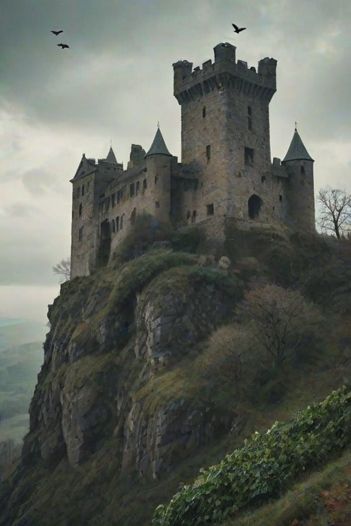 Aged stone castle standing tall on a misty hill, ivy creeping up the ancient walls, and crows circling overhead in the cloudy sky.