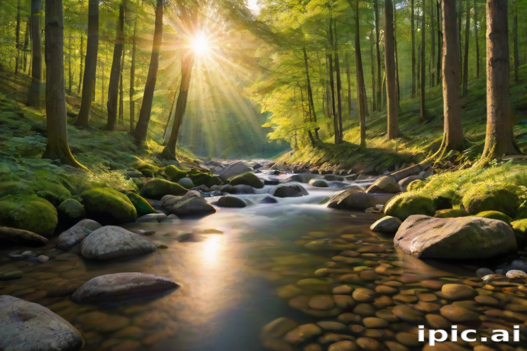 Create an image of a serene, sunlit forest scene with a clear, gently flowing river. Tall trees with lush green foliage line both sides of the river, their leaves bathed in the warm golden light of the setting or rising sun. The sunlight filters through the trees, casting soft, dappled light on the river, which flows over smooth rocks and pebbles, creating a peaceful, natural atmosphere. The sky is bright with a few scattered clouds, and the overall mood is tranquil, evoking a deep sense of connection with nature. The image captures the beauty of a calm, pristine forest landscape at either dawn or dusk.