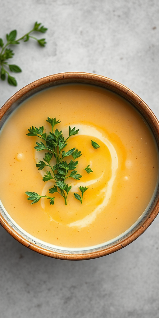 Create a high-resolution image of a steaming bowl of creamy soup with green herbs on top, using a Canon EOS 5D Mark IV camera with a 50mm lens, aperture f/1.8, ISO 100, and a top-down view style to enhance the colors and details of the soup.