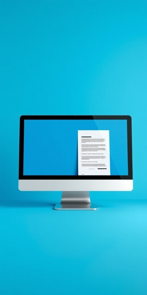 desktop computer displaying a document on a bright blue background, ISO 100, aperture f/8, shutter speed 1/125 sec, shot with a DSLR camera from a slightly elevated angle for a clear view, rendered in vector style for crisp lines and vibrant colors