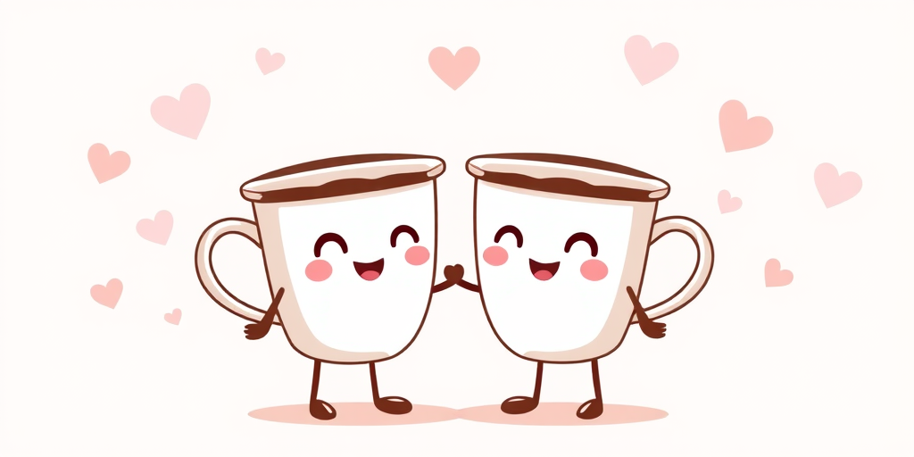 Create a cute illustration of two cartoon coffee cups holding hands against a soft pastel background with hearts, using a Canon EOS R camera with a 50mm f/1.8 lens, ISO 200, aperture f/4, and 1/60s shutter speed for enhanced detail and quality.
