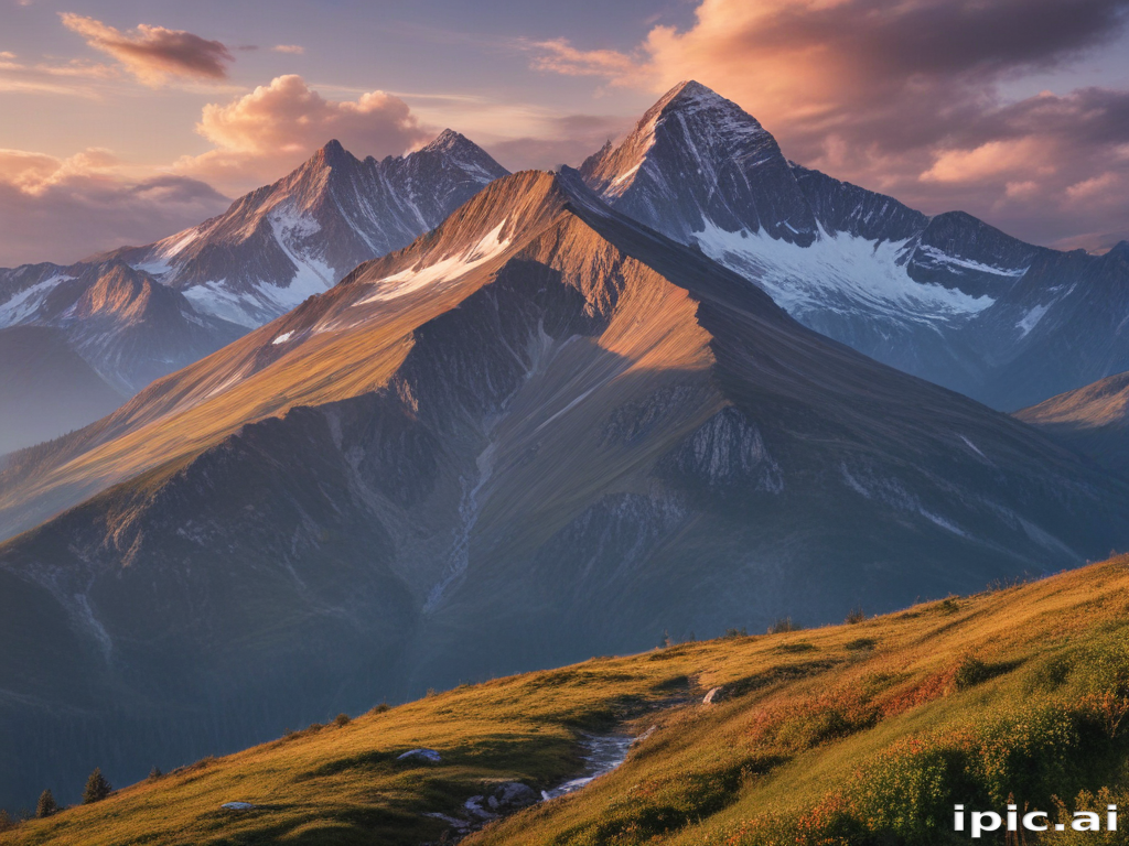 Majestic Mountain Landscape at Sunset with Dramatic Clouds and Snow ...