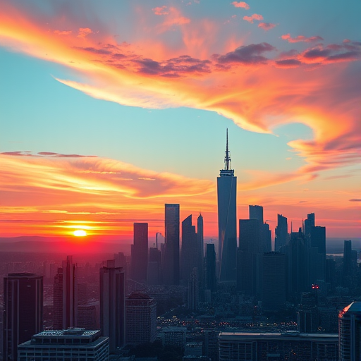 Create a high-resolution digital artwork of a futuristic city skyline at sunset with vibrant colors, using a DSLR camera with a 50mm lens, aperture set to f/1.8, ISO 100, and a wide-angle view.