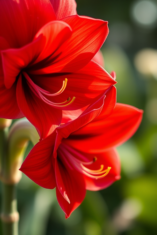Close-up of vibrant red amaryllis flowers with soft bokeh background, aperture f/2.8, shutter speed 1/100s, ISO 200, 50mm lens, taken with a DSLR camera in natural light.