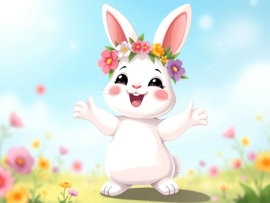 Create a high-resolution illustration of a cute white bunny with a flower crown, smiling and dancing, in a bright and colorful style, using a digital art medium, with a 50mm lens perspective, f/2.8 aperture for soft background blur, and vibrant color grading for enhanced visual appeal.