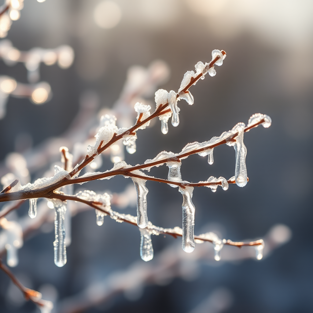 regenerate the image of delicate frozen branches with icicles glistening in soft sunlight, shallow depth of field, f/2.8 aperture, 50mm lens, DSLR camera, macro view, natural light, bokeh background