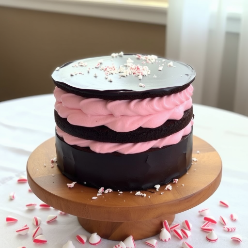 A beautifully layered cake with a rich chocolate exterior and a pink whipped filling, showcasing a dark chocolate base, placed on a wooden cake stand, surrounded by crushed peppermint pieces, with a clean white tablecloth as the backdrop.