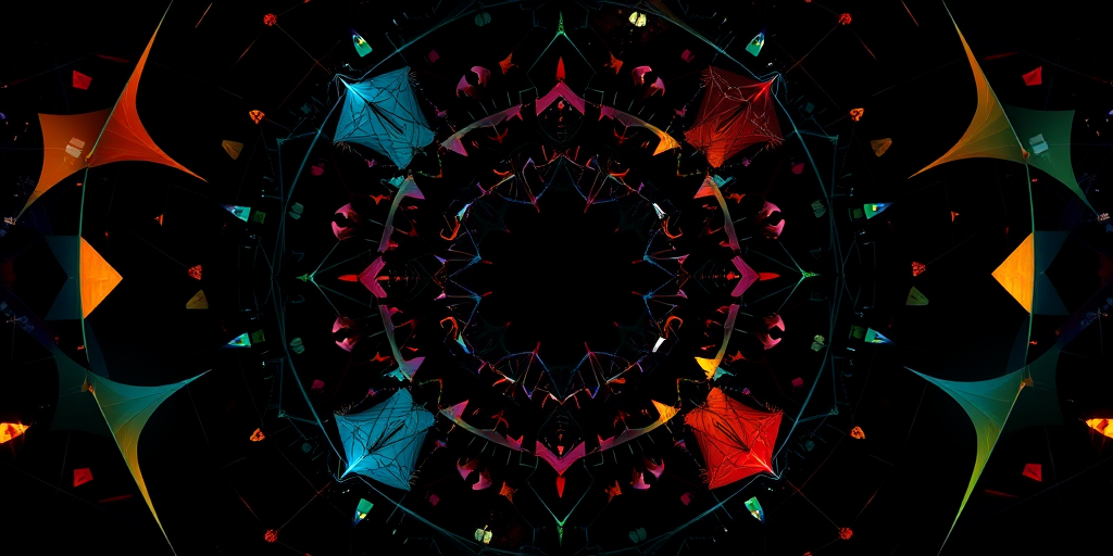Generate an abstract digital art piece featuring geometric patterns and vibrant colors on a black background, with a high resolution of 4K, using a DSLR camera at f/8 aperture, 1/60 shutter speed, ISO 200, wide-angle lens, and a top-down view to enhance details and clarity.