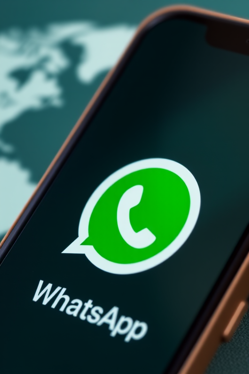 A close-up of a smartphone displaying the WhatsApp logo with a green world map in the background, shot with a Canon EOS R5, 50mm lens, aperture f/1.8, ISO 100, natural lighting for enhanced clarity and vibrancy.