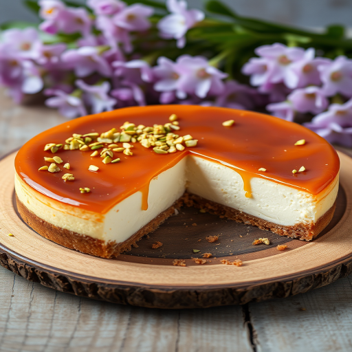 A delicious cheesecake with a glossy caramel topping sprinkled with chopped pistachios on a rustic wooden plate with a slice removed revealing its creamy layers and a crumbly base, surrounded by soft purple flowers in the background.