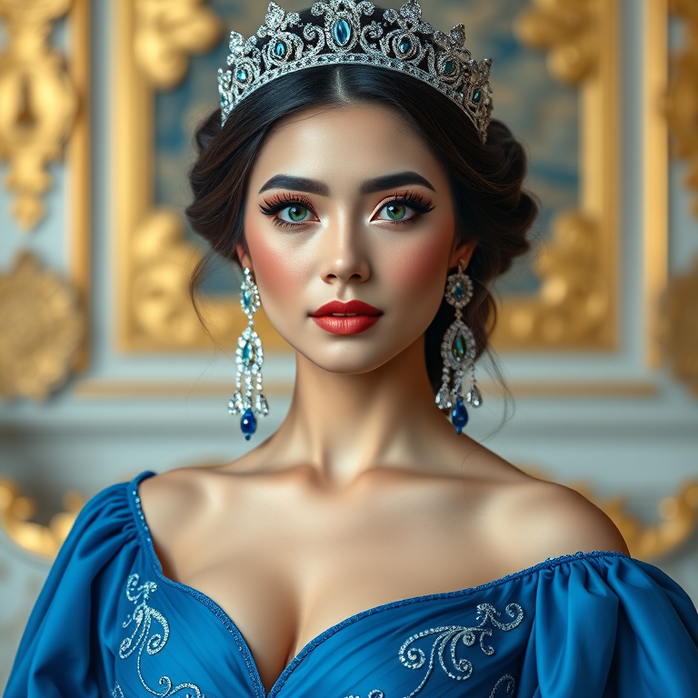 A gorgeous Uyghur woman in a luxurious blue gown, accessorized with a dazzling tiara and statement earrings, her deep green eyes highlighted by impeccable makeup, poised in a royal setting, photorealistic, 8K quality