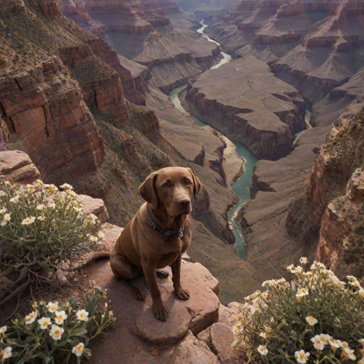 dark and unsettling dream showing in Grand Canyon, USA, Overhead View, sage and brown Labrador Retriever is esthetic, captivating spring bloom on the background , avatar of elements. magical surrealism, wizardry. best quality, high resolution (embedding:dw01-3400:0.8) <lora:F_QuinnXL:0.8>