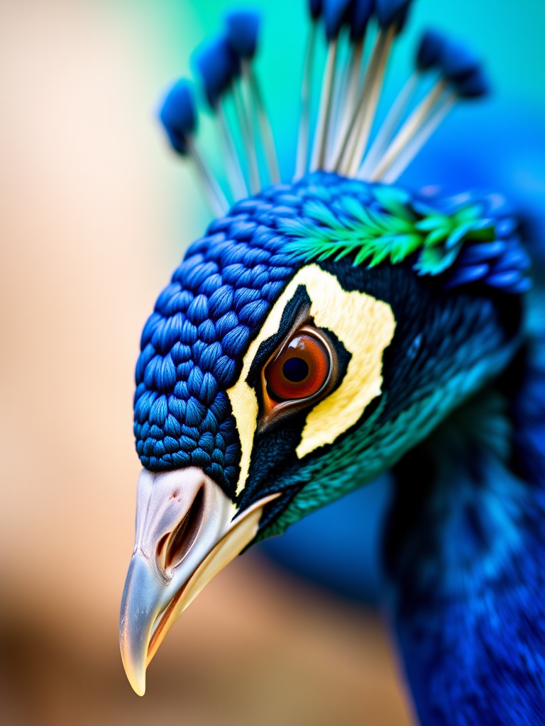 Peacock portrait with vibrant blue and green plumage, shallow depth of field, 50mm lens, f/1.8, ISO 200, natural light, focus on the eye, soft bokeh background.