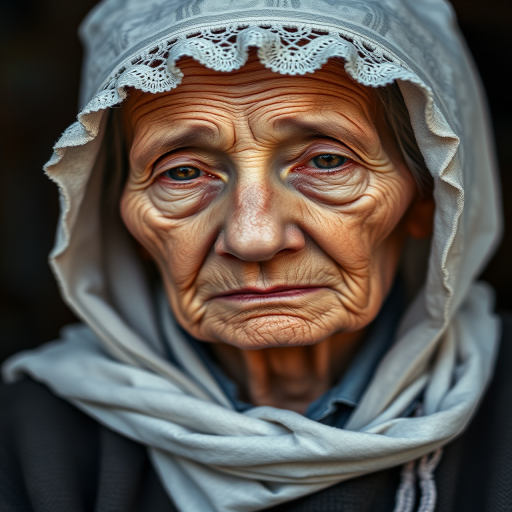 Create a high-resolution portrait of an elderly woman with a somber expression, wearing a detailed white bonnet, captured in soft natural lighting with a Canon EOS R5, 50mm lens, f/1.8 aperture, ISO 100, 1/100s shutter speed, in a close-up view with a painterly style.