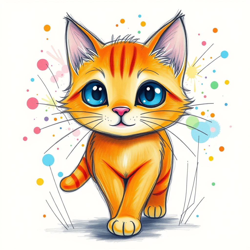 A vibrant childs coloured pencil drawn illustration of a bright orange cat with large, expressive blue eyes, a very cute style. The cat appears to be walking towards the viewer, surrounded by an abstract splash of colors and fine black lines, giving the image a dynamic and artistic flair. The background is a soft beige, highlighting the cat's vivid coloration and playful demeanor. Naively drawn scratchy line style.