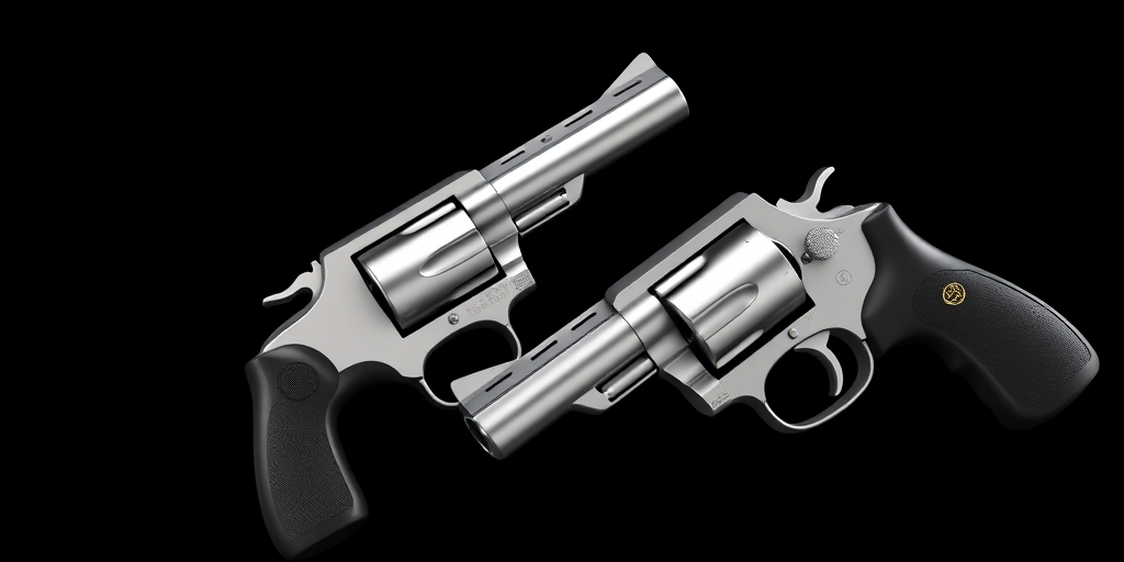 create a high-resolution 3D rendering of two silver revolvers positioned side by side against a black background, using a 50mm lens, f/8 aperture, ISO 100, three-point lighting setup for depth, rendered with a photorealistic style on a DSLR camera.