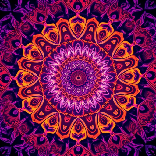 create an intricate mandala pattern blending purple and orange hues with swirling designs, captured with a Canon EOS R5 at f/8, ISO 100, 24mm lens, high dynamic range, and soft focus for depth