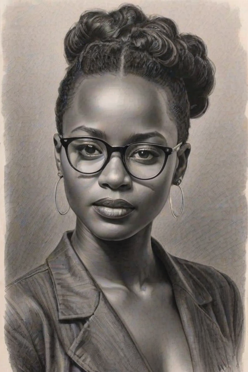 Comely Lupita Nyong'o, pencil sketch, portrait of Bewitching woman 1945s in glasses, hair style beatnik, outline, clear lines, fine lines, 8k