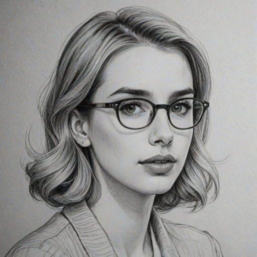 Bewitching Emma Roberts, pencil sketch, portrait of Charming woman 1943s in glasses, hair style beatnik, outline, clear lines, fine lines, 8k