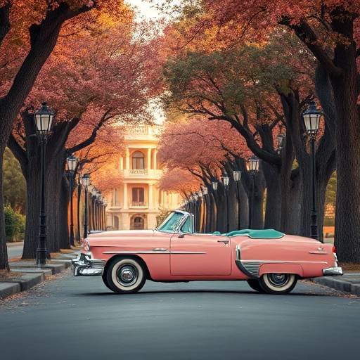 Create a vintage-style image of a pink classic car parked on a tree-lined street with pastel-colored leaves and lamp posts, shot with a DSLR camera, 50mm lens, f/1.8 aperture, ISO 100, and soft golden hour lighting for enhanced image quality.
