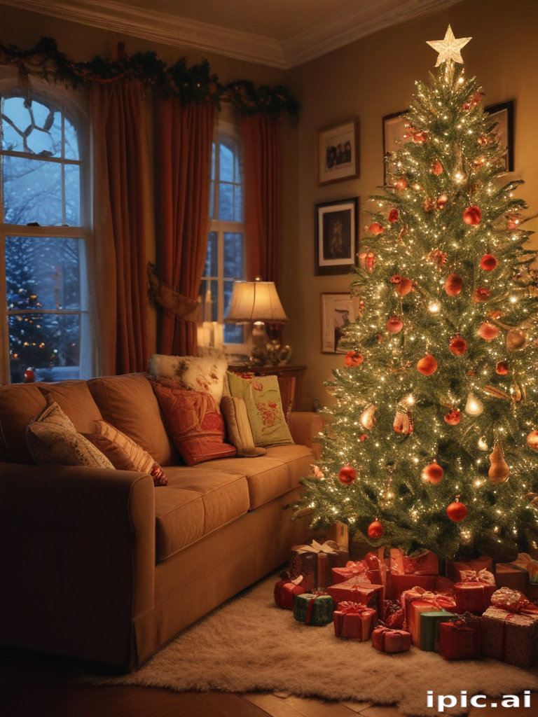 Cozy Living Room Scene with a Beautifully Decorated Christmas Tree and ...