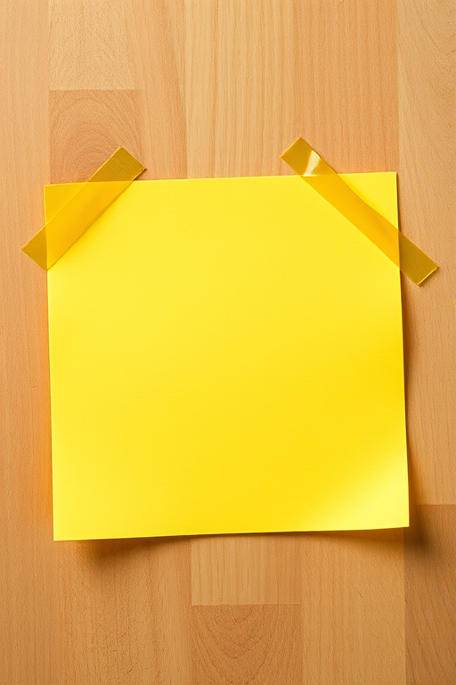 Create an image of a bright yellow sticky note with slightly curled corners and transparent tape holding it in place, captured with a Canon EOS R5 at f/4, ISO 100, 50mm lens, shot from a top-down view with natural soft lighting to enhance colors and details.