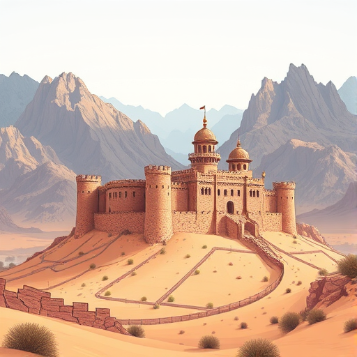 Generate a high-resolution vector illustration of a stylized ancient castle surrounded by mountains and desert, using a wide-angle lens, f/8 aperture, ISO 100, 24mm focal length, and soft, diffused lighting to enhance colors and details.