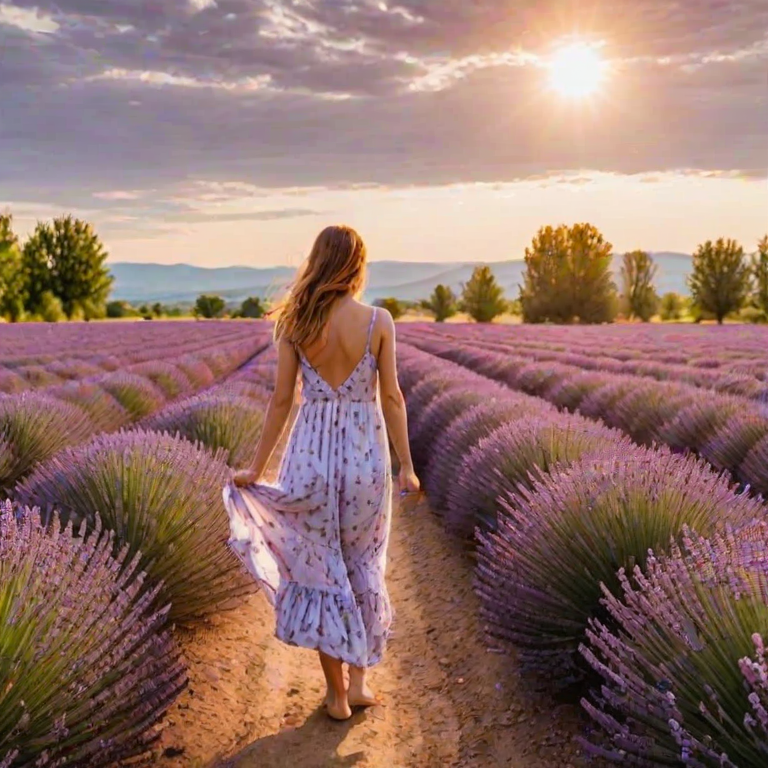 Sunrise over a lavender field, a woman in a flowing sundress walks barefoot among the blooms, the early morning light casting a golden hue over the vibrant purple flowers.