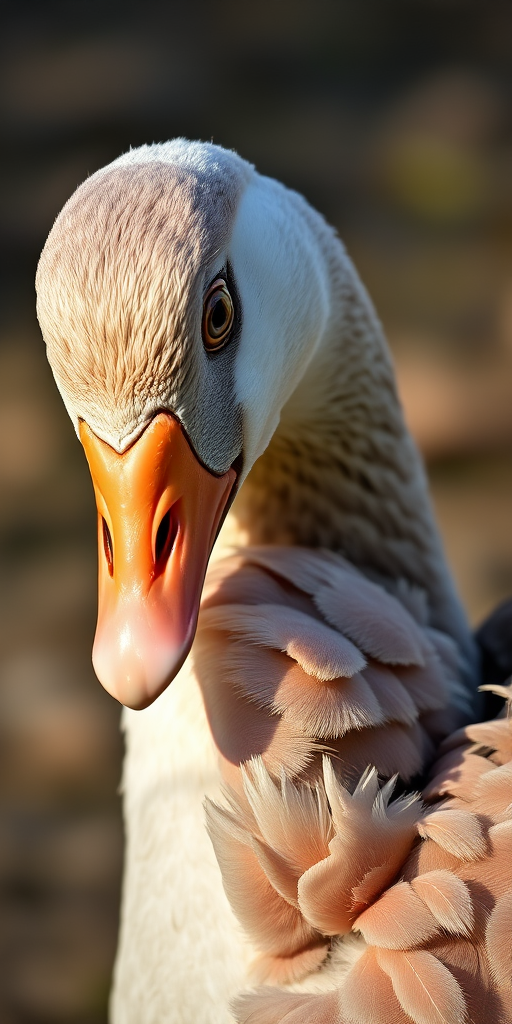 Close-up shot of a goose preening its feathers, using a DSLR camera with an 85mm lens, aperture f/1.8, ISO 100, natural light, shallow depth of field to enhance details in fur and striking eye color.