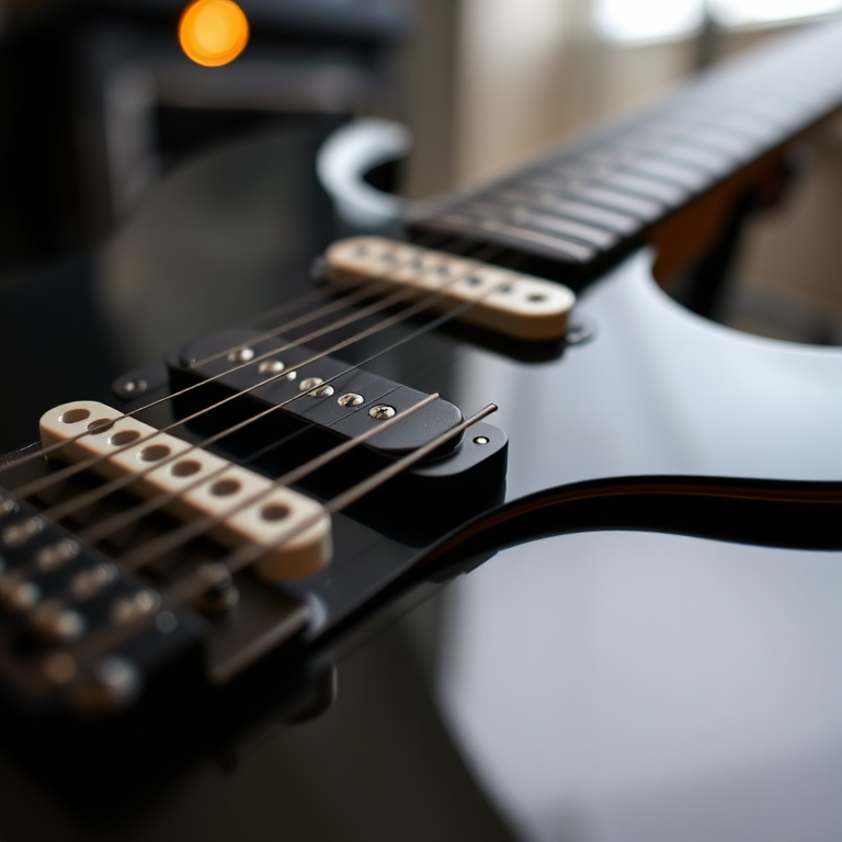 Capture a close-up shot of an electric guitar with a focus on the body and bridge, using a Canon EOS R with a 50mm lens, aperture f/1.8, ISO 100, and a focal length of 50mm for sharp detail and a blurred background.