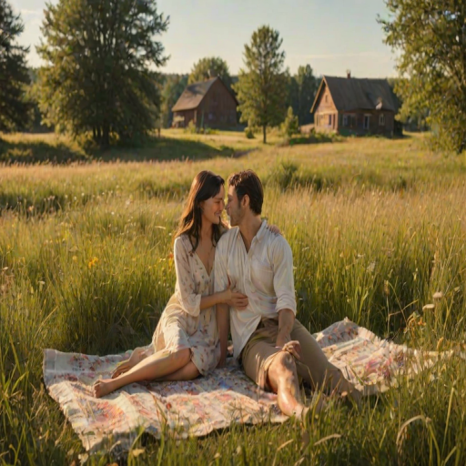 Warmly lit image of a couple sitting together on a blanket in a sun-drenched meadow, tall grass swaying in the breeze, wildflowers blooming around them, sunlight casting long shadows, a distant farmhouse barely visible in the background.